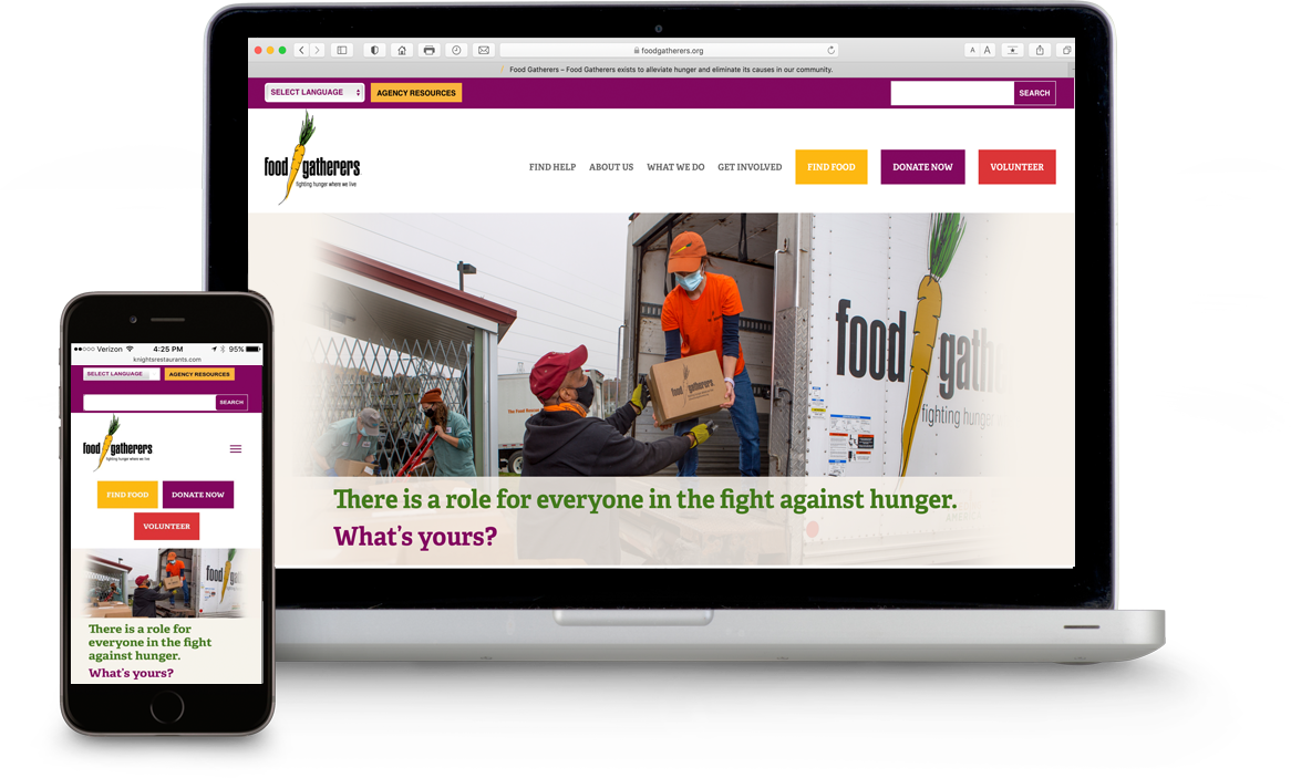 Food Gatherers website displayed on a laptop and mobile phone